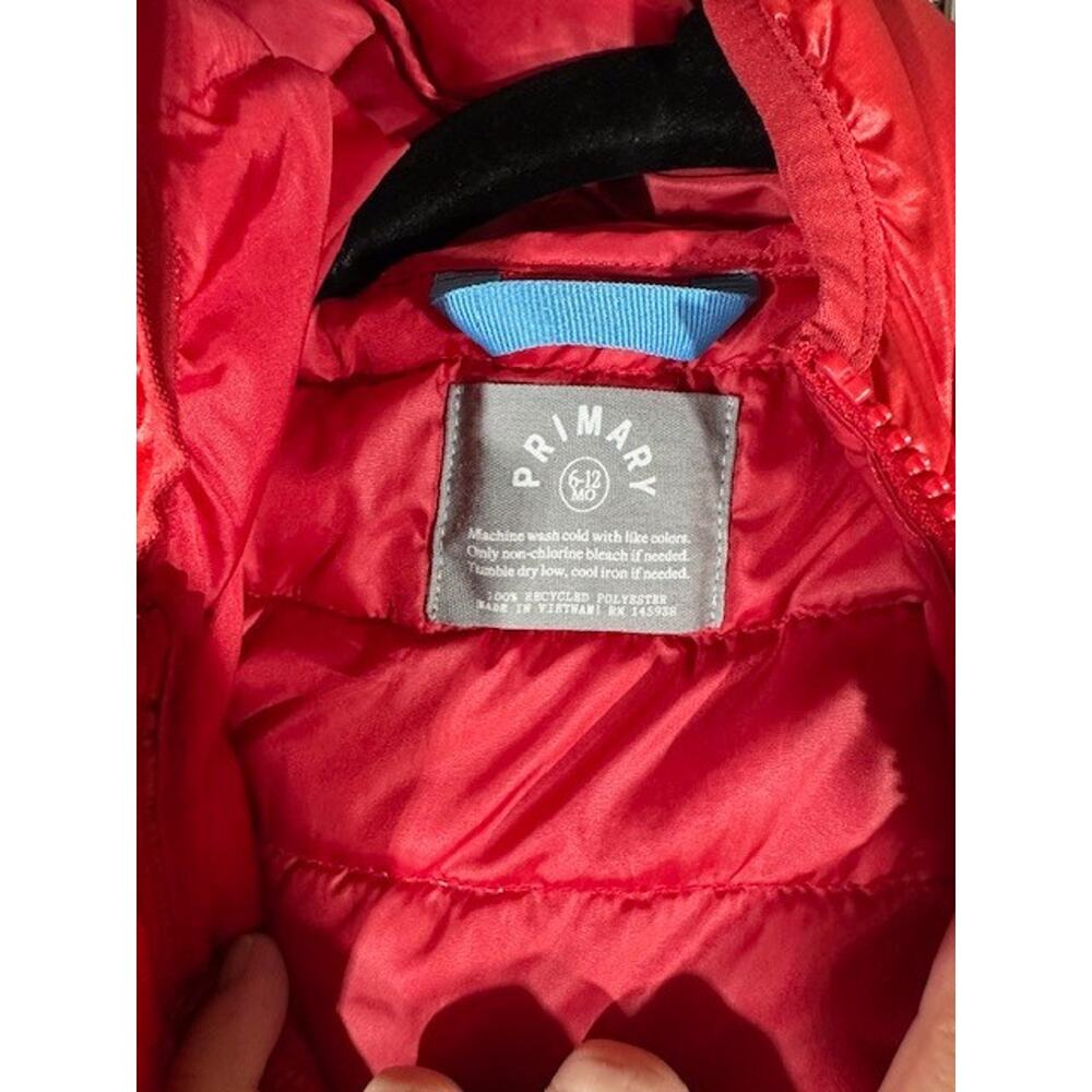 Primary Cherry Red Infant Lightweight Puffer Jacket Gender Neutral 6-12 Months - Picture 3 of 6
